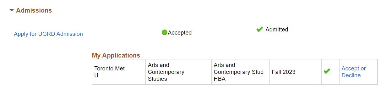 Admissions section of MyServiceHub with application details listed and Accept or Decline link