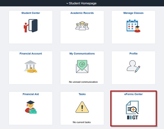 MyServiceHub Student Homepage with eForms Center boxed in red