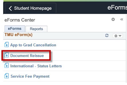 eForms Center main page with Document Reissue boxed in red