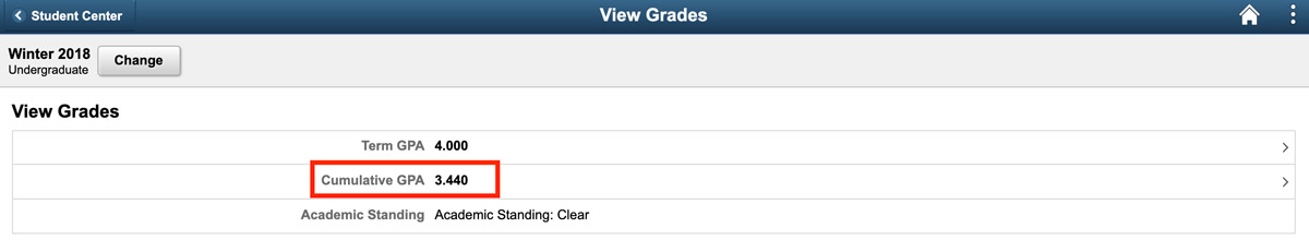 View Grades page in MyServiceHub showing Cumulative GPA for selected term.