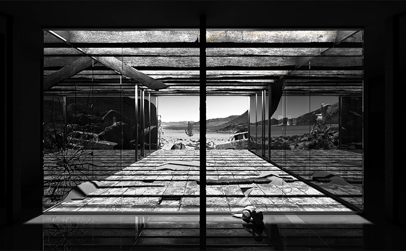 Image: (Lan) Judy Zhou. Point of view of a room inside a deteriorating building leading to open view of desert.