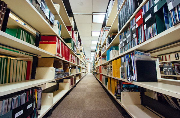 Rows of bookshelves in the library.