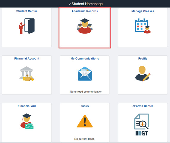 Academic Records tile selected on MyServiceHub Student Homepage.