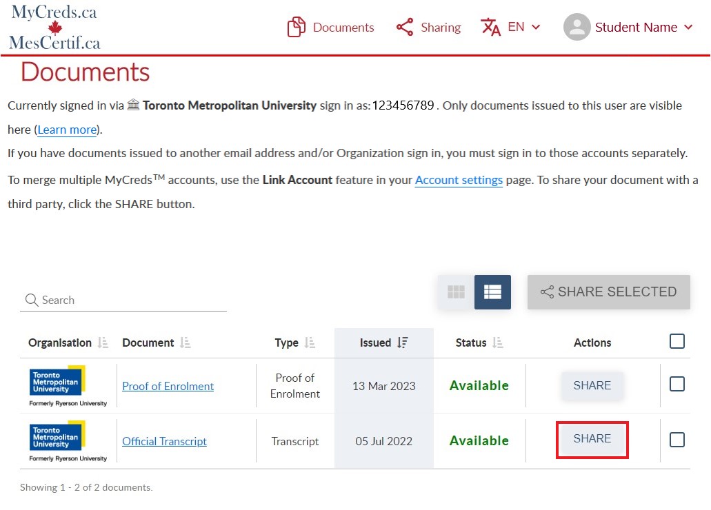 Mycreds website highlighting the share button on the Official Transcripts MyCreds documents.