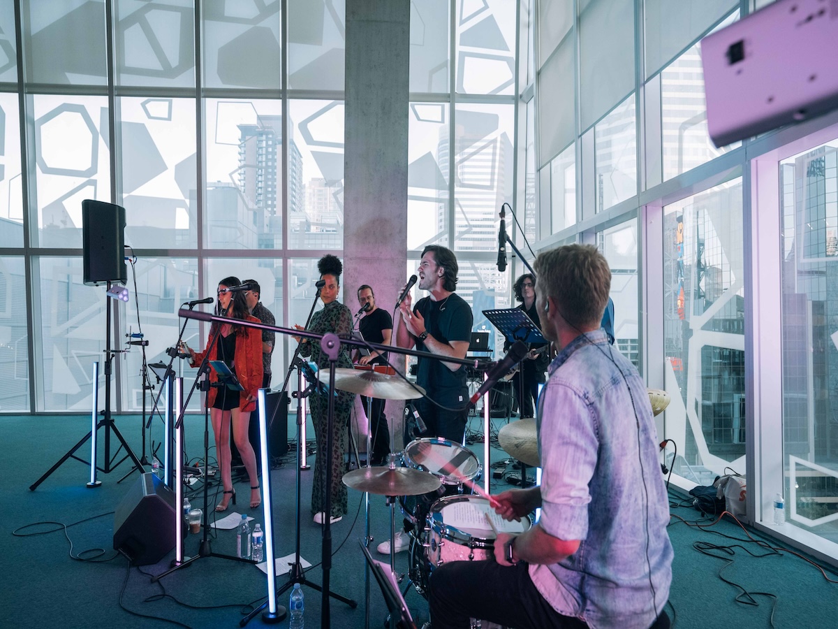 A band performing in the Student Learning Centre during Orientation Week