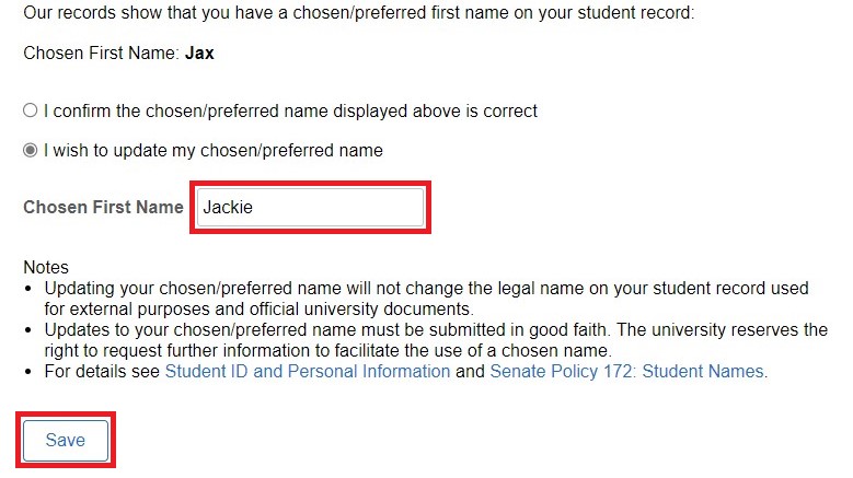 The Confirm or Update Chosen Name screen with Chosen First Name field filled out. The Save button is highlighted at the bottom of the screen.