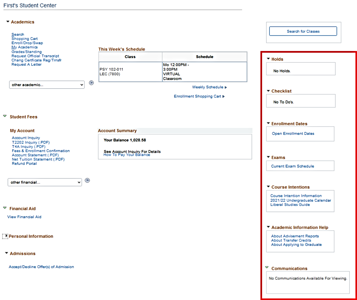 The right-hand column highlighted on the Academics section of RAMSS, with sections such as holds, checklist, enrolment dates, exams, course intentions, academic information and communications