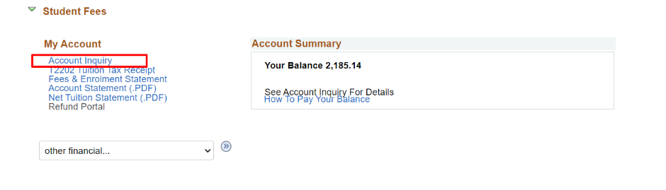 Account Inquiry link under My Account in the Student Fees section of MyServiceHub.