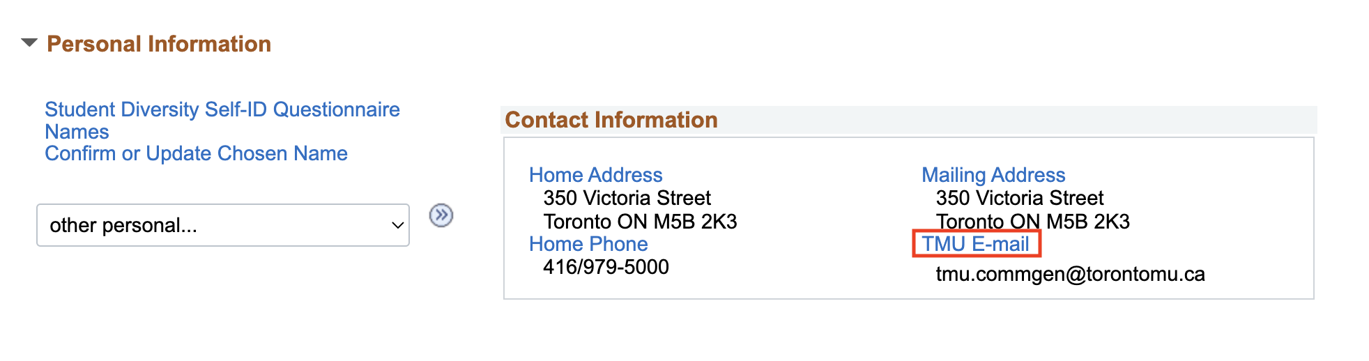 TMU Email link in Personal Information section of MyServiceHub