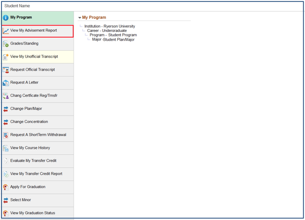 View My Advisement Report menu item on Academics main menu