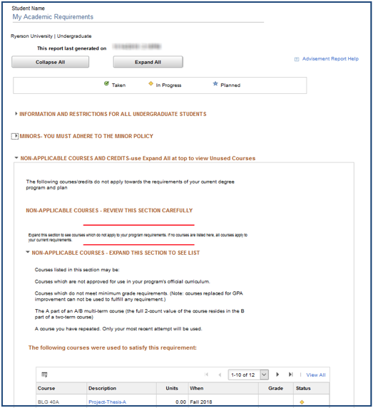 Expanded view of Advisement Report