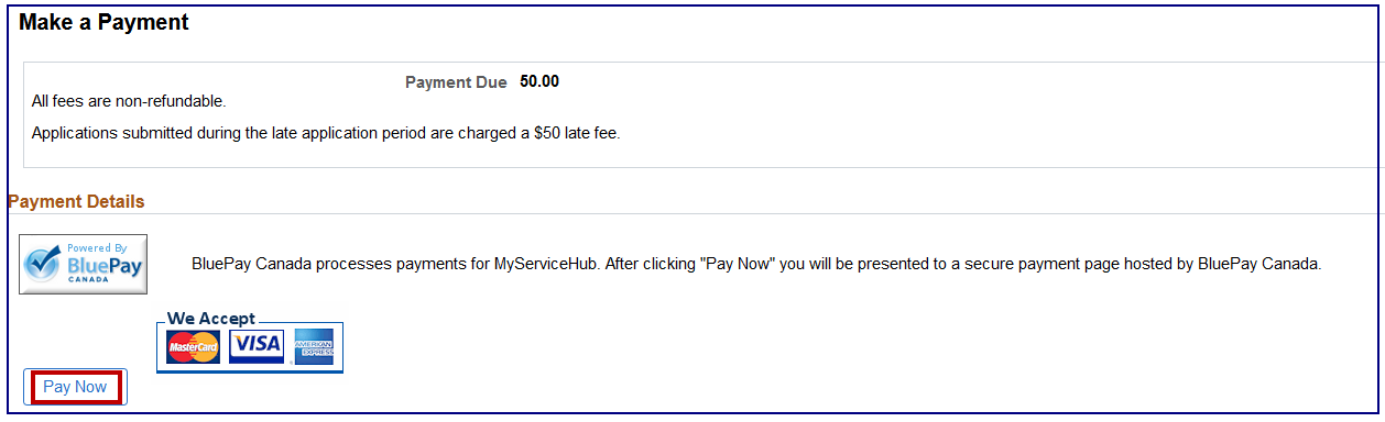 Make a Payment page includes payment amount due and Pay Now button.