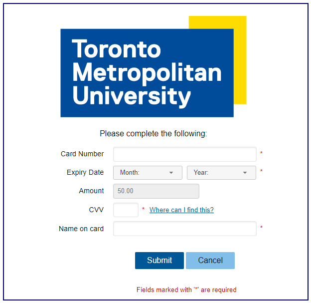 Payment screen includes TMU logo and form for credit card information.