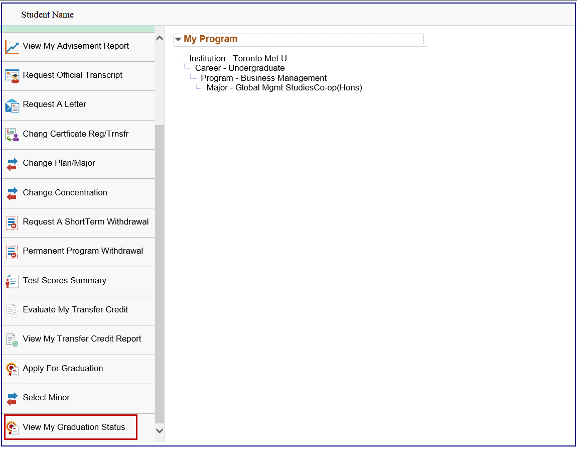 View My Graduation Status option included in the left-hand menu.