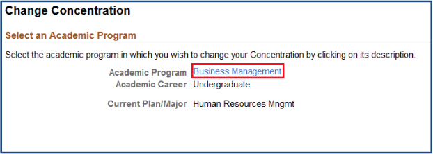 Academic program selected in Change Concentration menu