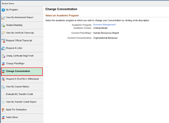 Change Concentration highlighted in the Academics main menu