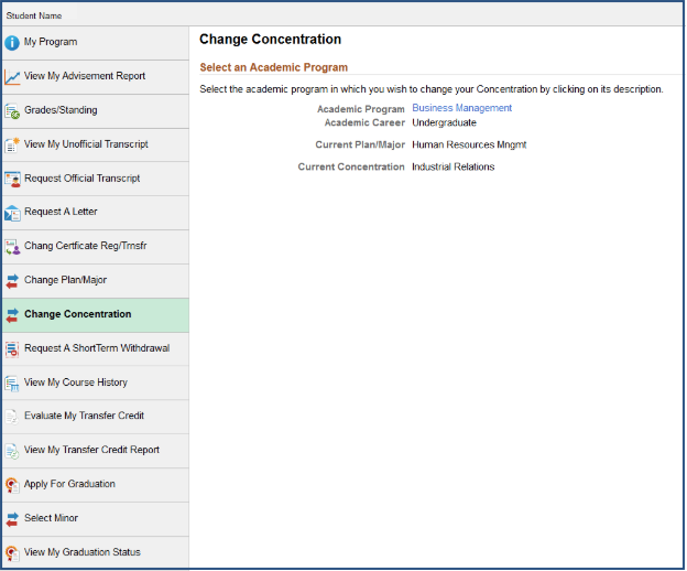 Change Concentration highlighted in the Academics main menu