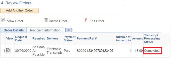 The Review Orders screen in MyServiceHub. Under the 'Transcript Processing Status' column, 'Completed' is highlighted.