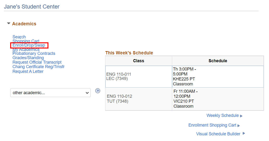 Student Center page in MyServiceeHub with the 'Enrol/Drop/Swap' link highlighted in the left navigation menu