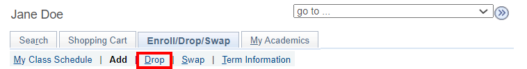 'Drop' tab highlighted on top menu of  'Enrol/Drop/Swap' page