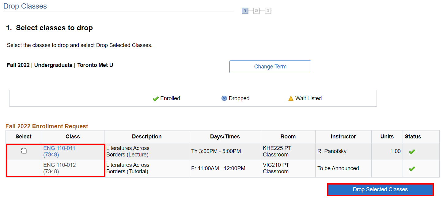 Select classes to drop page with table of student's current classes