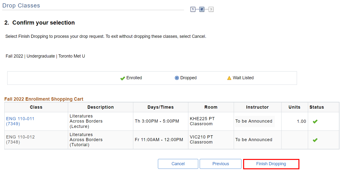 'Selection confirmation' section of 'Drop Classes' page with 'Finish Dropping' button highlighted