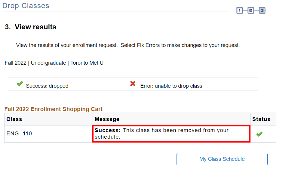 'View results' section of 'Drop Classes' page, indicating course has been successfully dropped