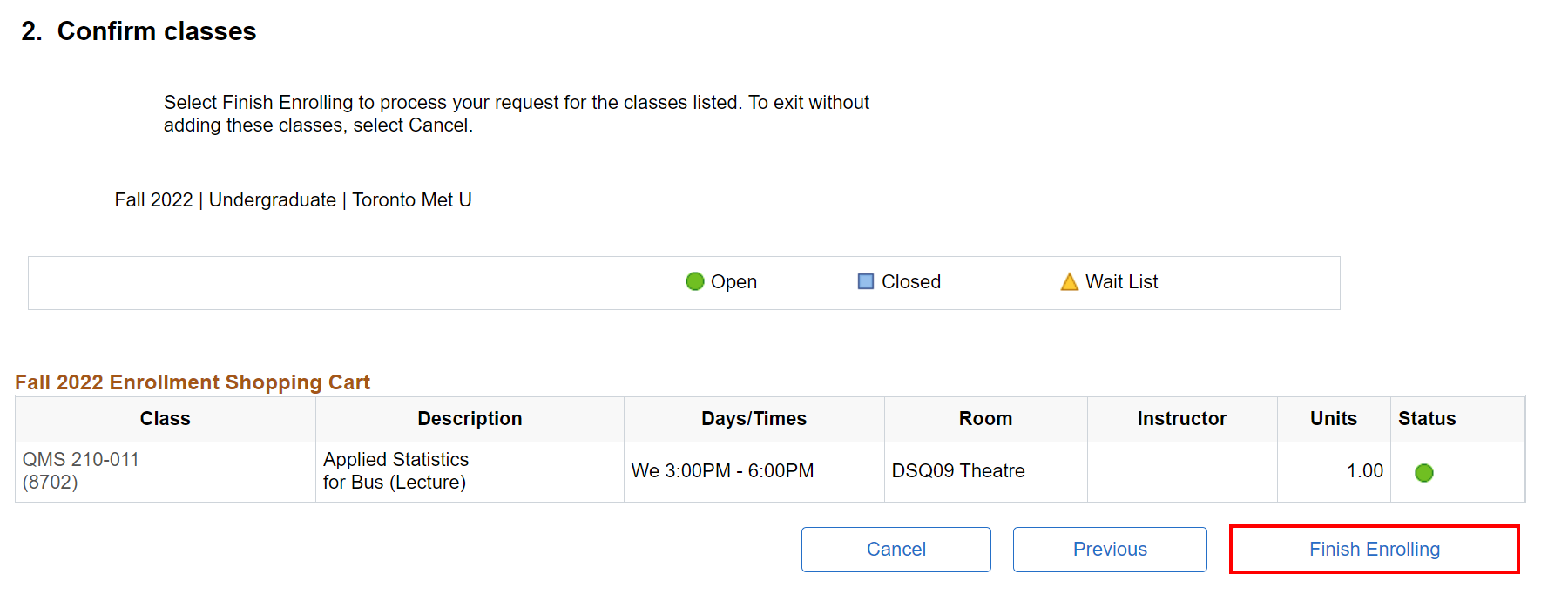 '2. Confirm Classes' section of Shopping Cart with 'Finish Enrolling' button highlighted