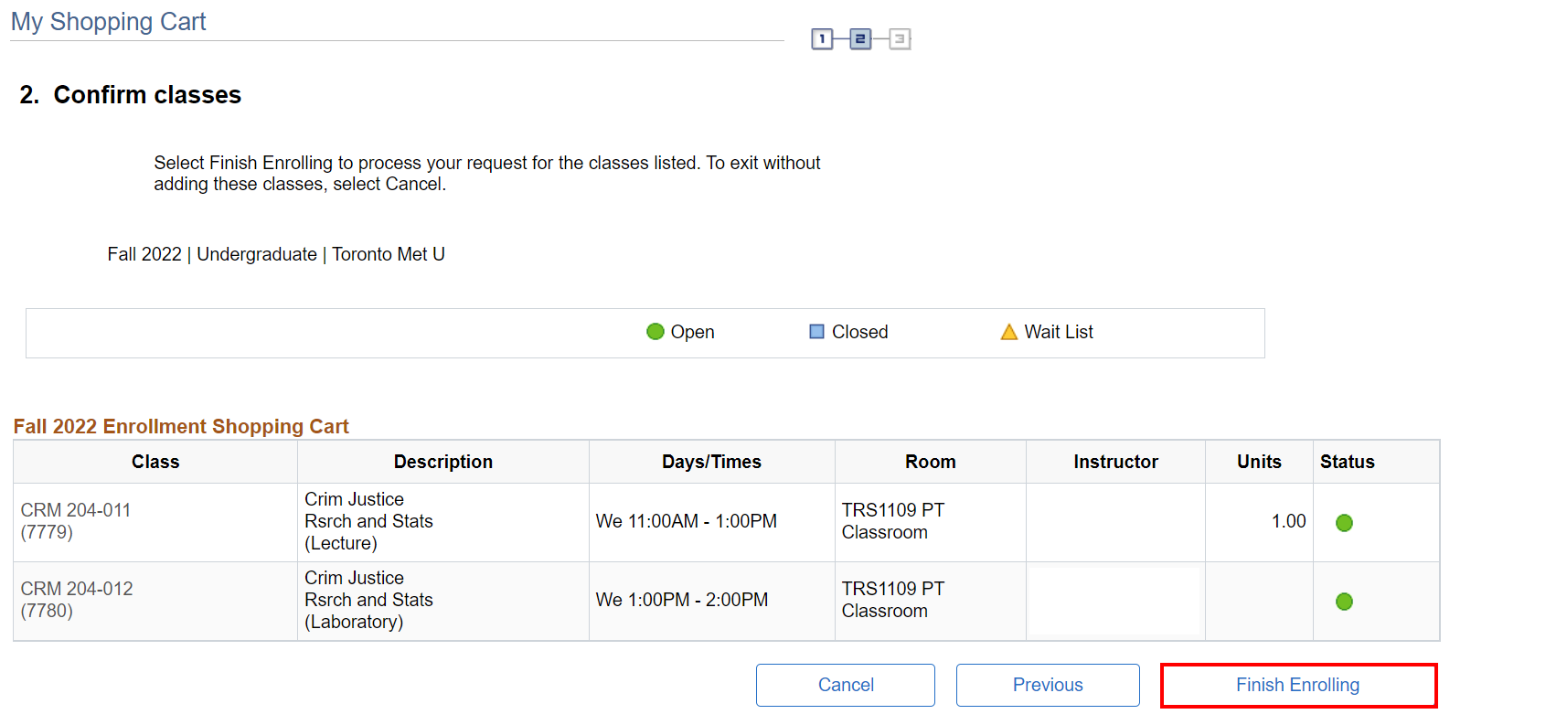 Class details appearing in '2. Confirm classes' section and highlighted 'Finish Enrolling' button