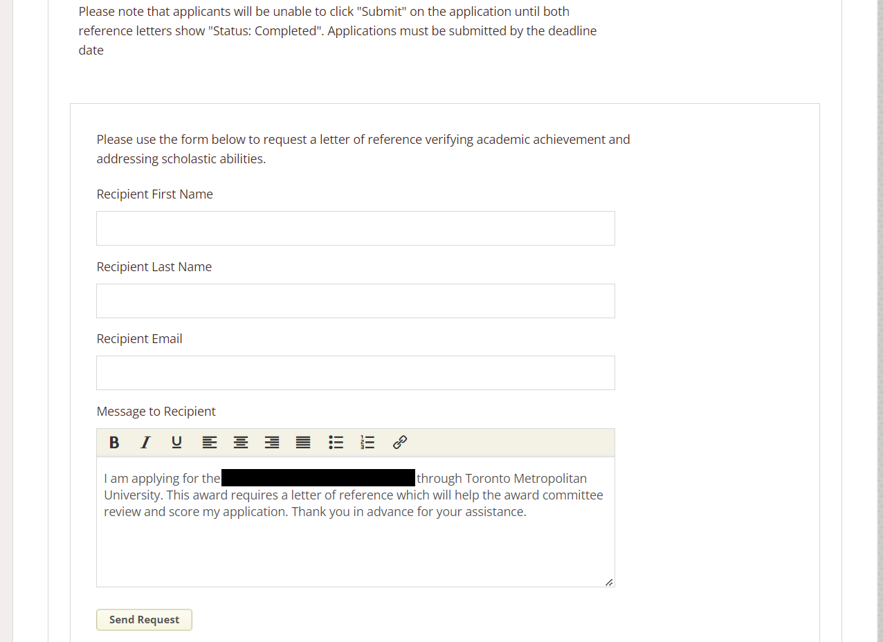 Form to request a letter of reference. Includes fields for the recipient's name and email and a field for a message from the requester.