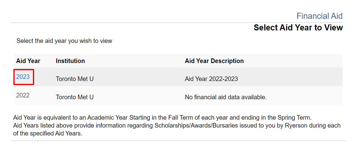 Aid Year chart with three columns: Aid Year, Institution, and Aid Year Description. The selected year's link is highlighted in the Aid Year column.