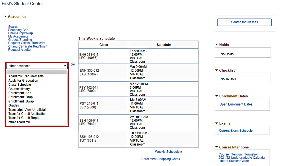 Example of a drop-down menu on the Student Center page, highlighted on the right-hand menu