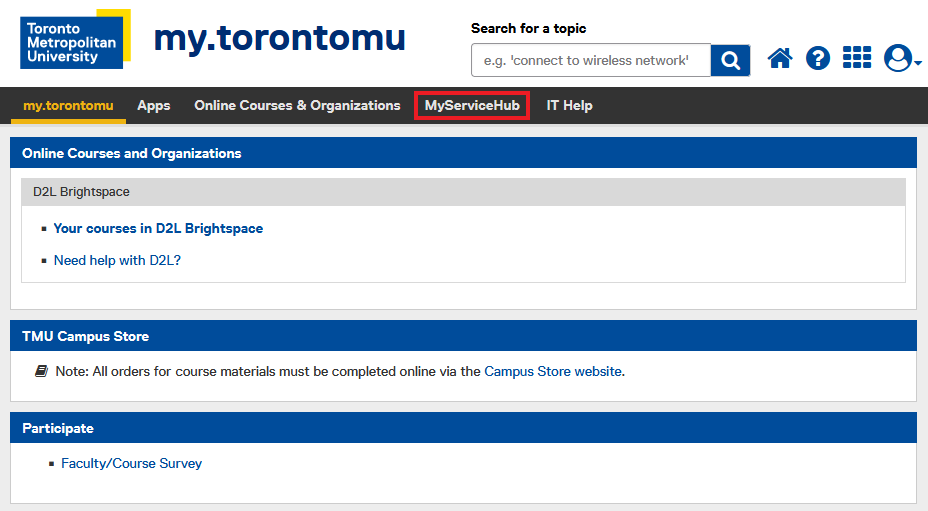 MyServiceHub link within my.torontomu.ca main menu.