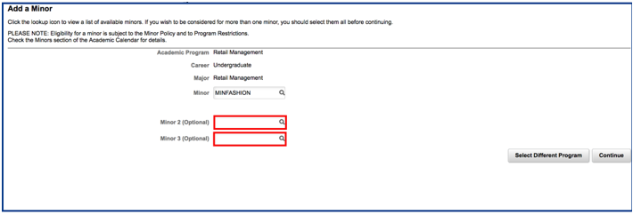 Two additional empty minor fields highlighted to show you can select a maximum of three minors