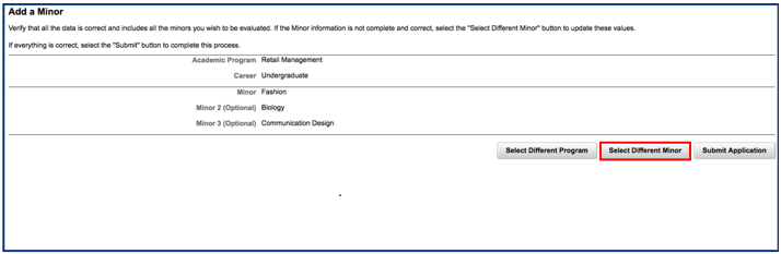 Select a Different Minor button highlighted on the Add a Minor page
