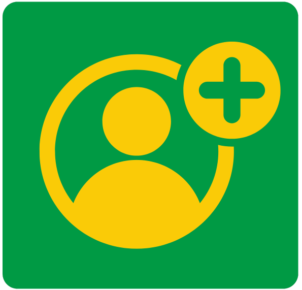 Logo with green square and yellow icon of a person and a plus sign