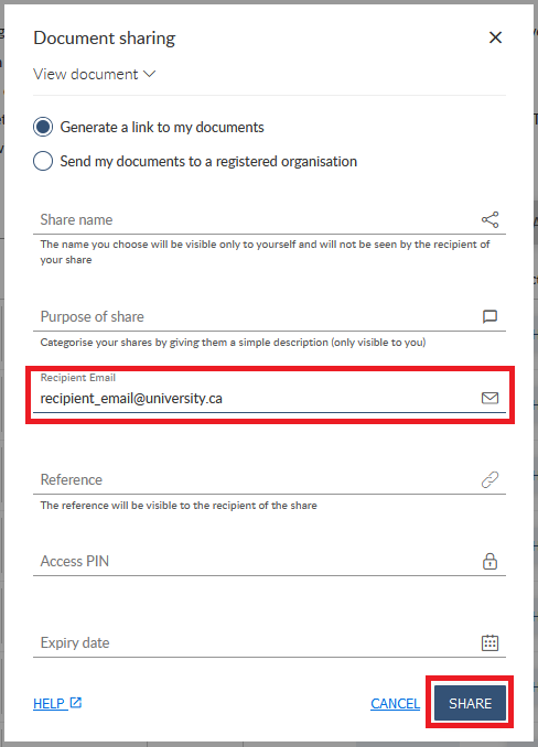 The Document Sharing page on MyCreds. The Recipient Email section is highlighted.