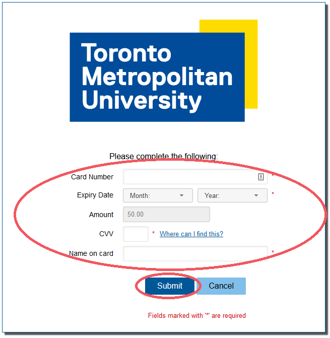 Enter credit card details and amount to pay. Fields marked with an asterisk are required. Click submit when done.