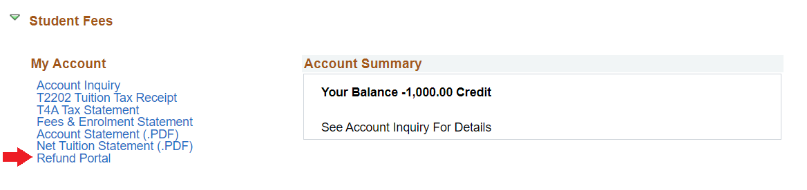 Refund Portal link in a list on the left side of the Student Fees section of MyServiceHub.