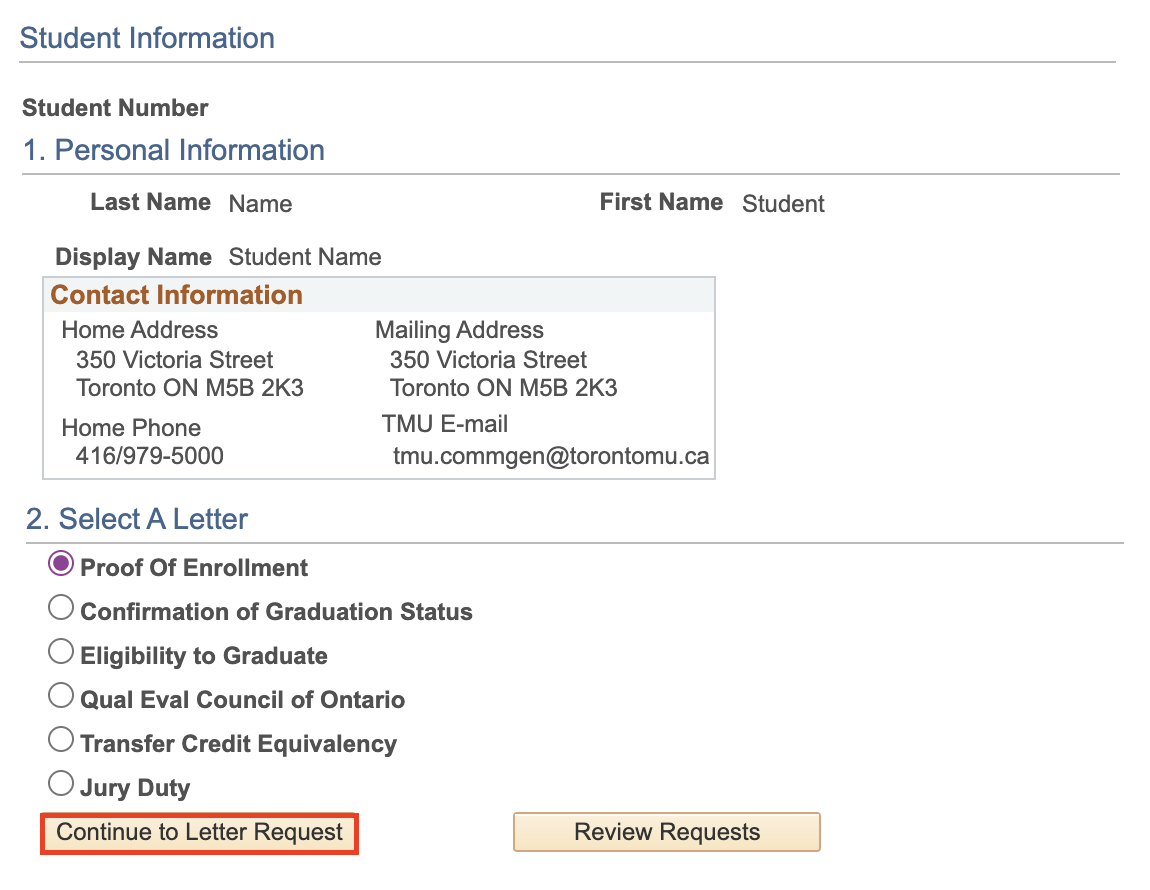 The Request a Letter page. The Personal Information section is displayed, with a button link to Continue to Letter Request at the bottom of the page highlighted.