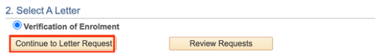 The Select a Letter section with the Continue to Letter Request button highlighted.