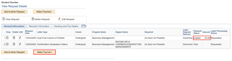 The Review Request Details page with two letter requests displayed. The Payment Status and Amount columns are highlighted, as well as the Make Payment button at the bottom of the page.