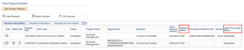 The View Request Details page, with the Payment Status and Letter Processing Status columns highlighted.