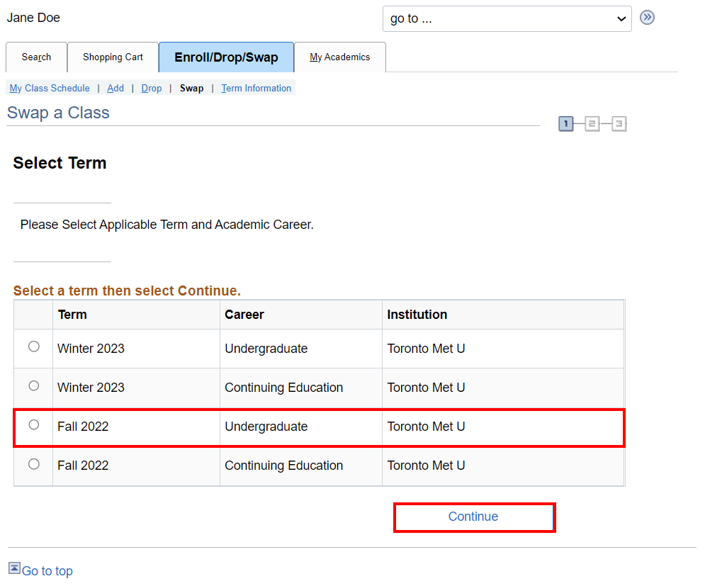 Term and Career selection in Swap a Class section.