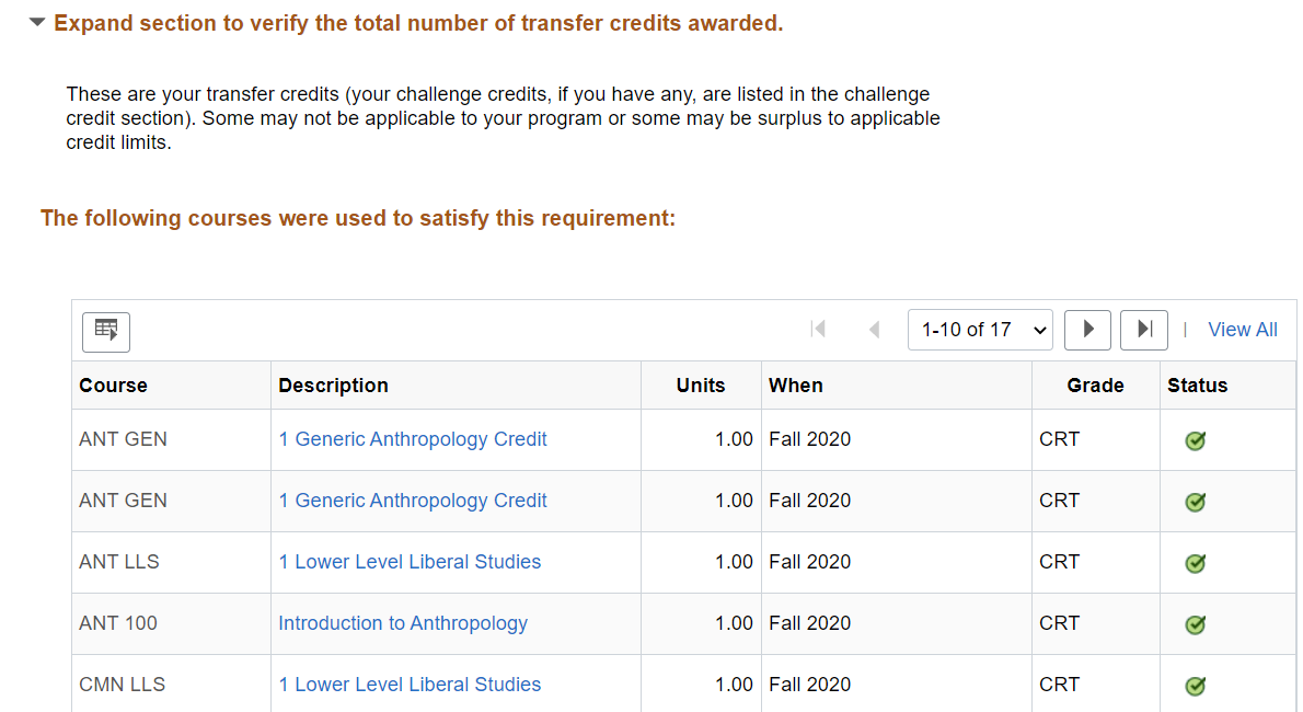 Advisement Report showing expanded view of transfer credits awarded. Chart includes course code, description, units, when it was taken, the grade designation and status.