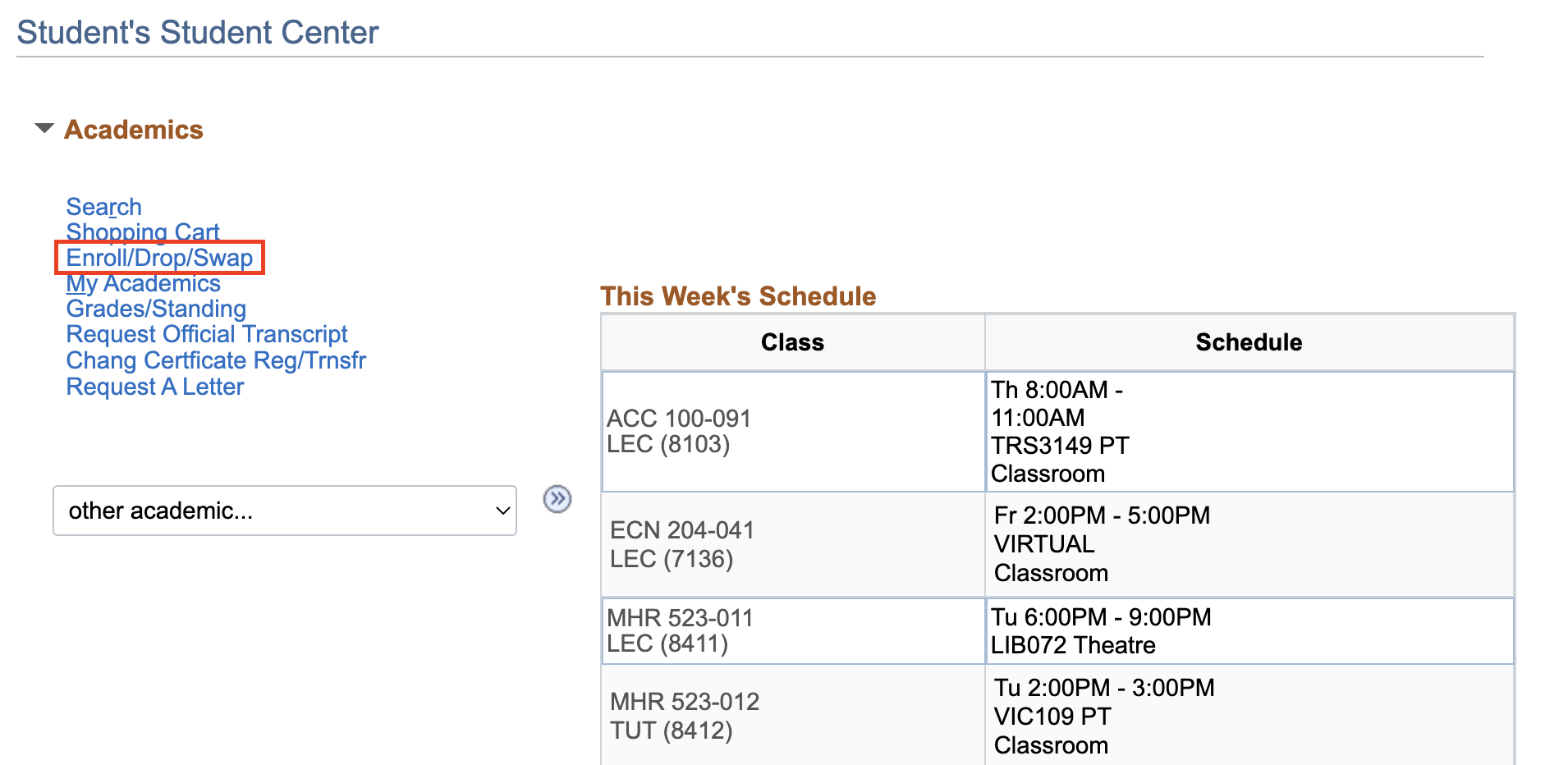 Enrol/drop/swap link on the Student Center page.