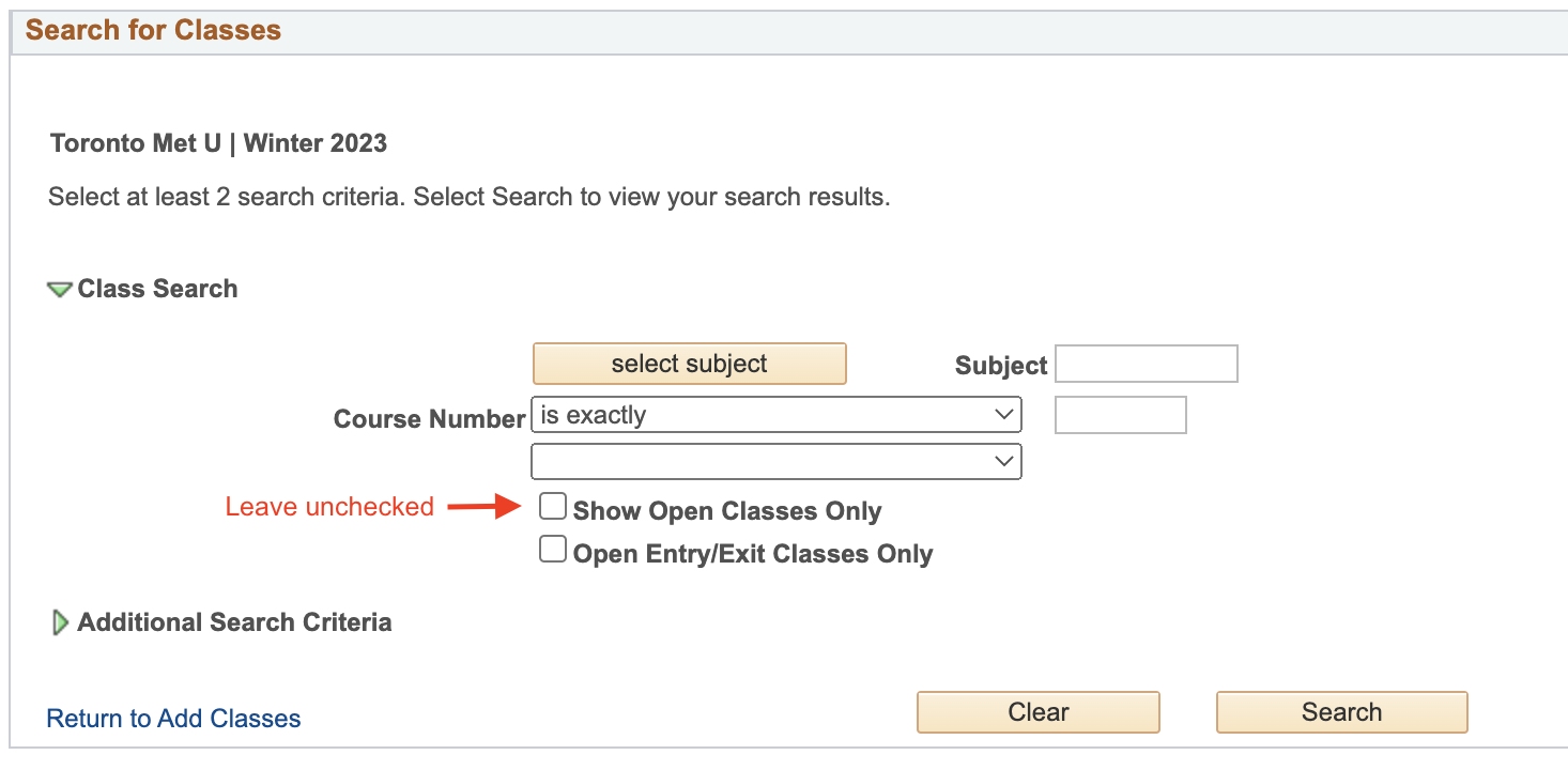 Leave unchecked red arrow pointing at the Show Open Classes Only checkbox.