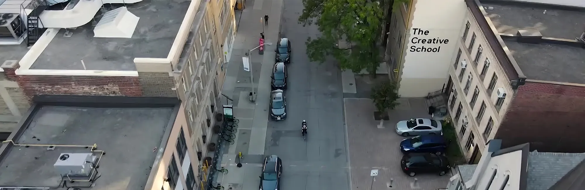 Overhead view of Bond Street and The Creative School on the TMU campus.